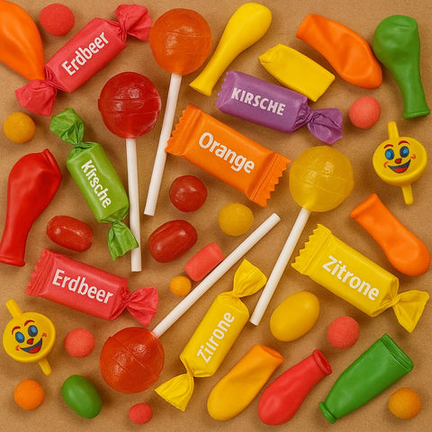 Bunt gemischtes Karneval Wurfmaterial bestehend aus Lollipops, Fruchtbonbons, Luftballons und kleinen Spielzeugen auf braunem Hintergrund – ideal für Umzüge, Kamelle und Kinderkarneval.