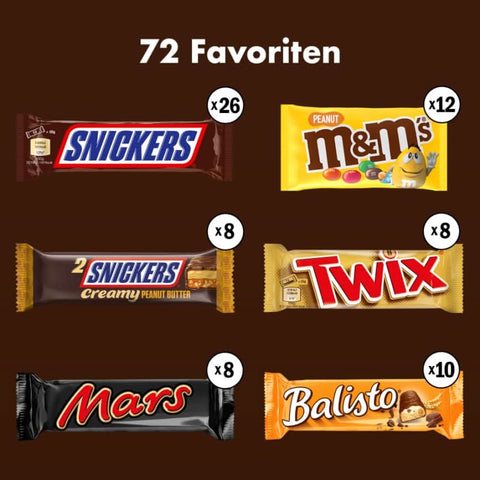 Mars, Snickers, Balisto és egyéb vegyes csokiszelet válogatás, dobozban, 72 szelet (1 x 3,8 kg)