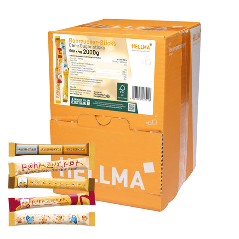Hellma Nádcukor Stick 500 db, egyenként 4 g barna cukor – 2 kg-os tárolódoboz – egyedi cukorstickek kávéhoz, teához