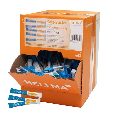 Hellma étkezési sórudacskák 750 db, egyenként 1 g - 750 g tárolódobozban - egyesével csomagolt sótasakok kávézók és vendéglátóhelyek számára