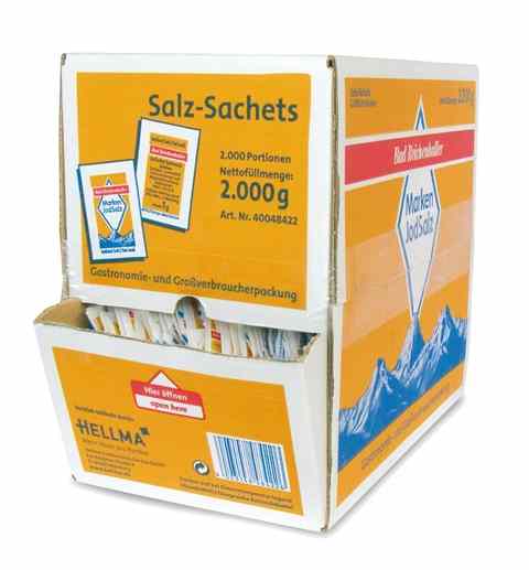 Bad Reichenhaller Alpesi-Jódos só 2000 db, egyenként 1 g – 2 kg-os tárolódoboz – egyedileg csomagolt sótasakok kávézók és vendéglátóipari egységek számára
