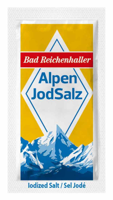 Bad Reichenhaller Alpesi-Jódos só 2000 db, egyenként 1 g – 2 kg-os tárolódoboz – egyedileg csomagolt sótasakok kávézók és vendéglátóipari egységek számára